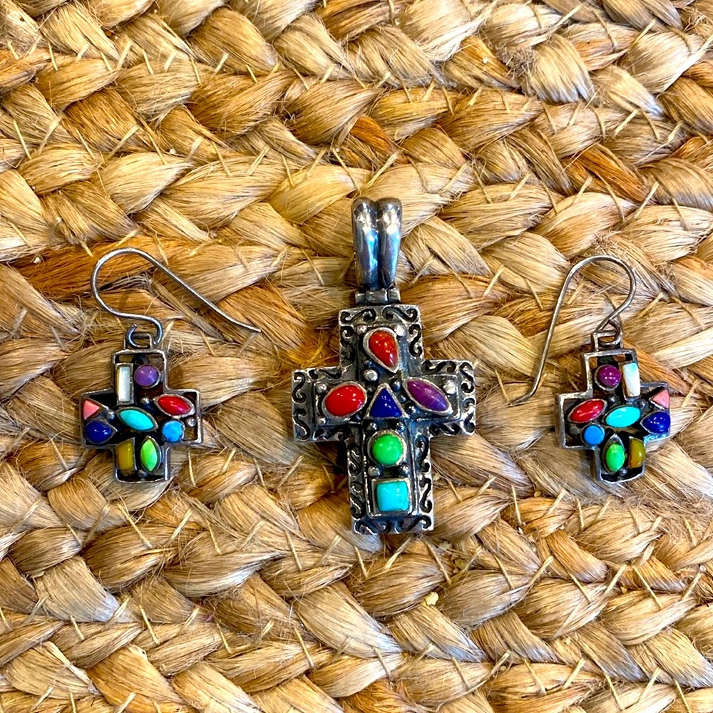 Sterling silver cross pendant and earrings